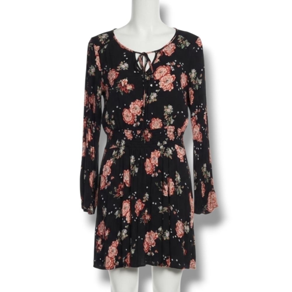 American Rag Cie Juniors black floral lace-up bell sleeves dress - small